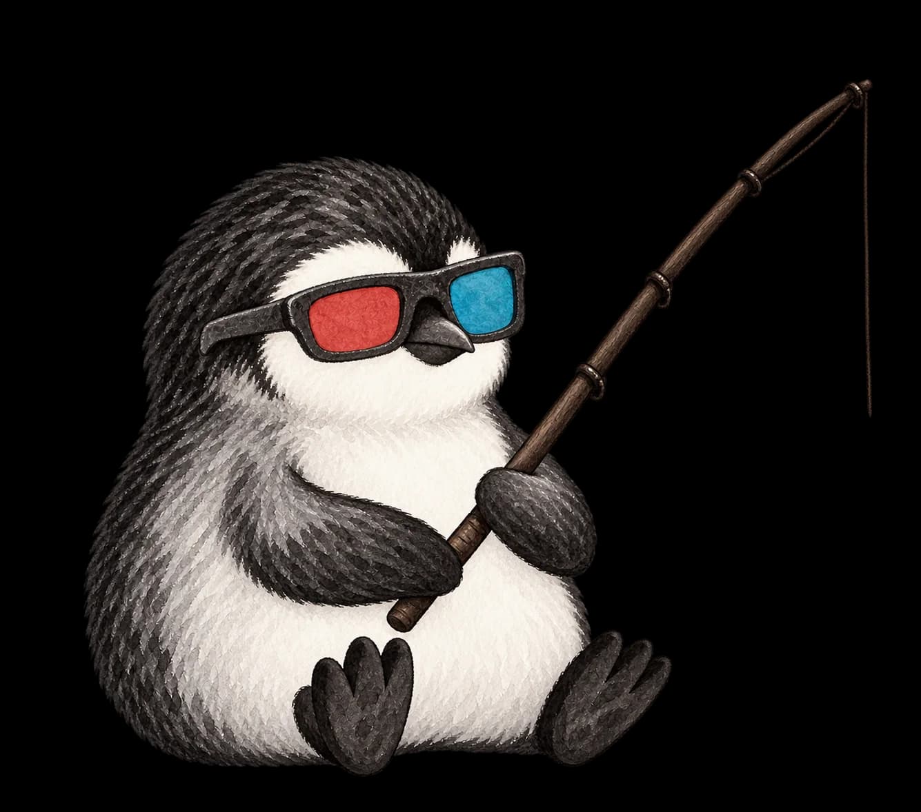 Penguin wearing red and cyan 3D glasses, holding a fishing rod